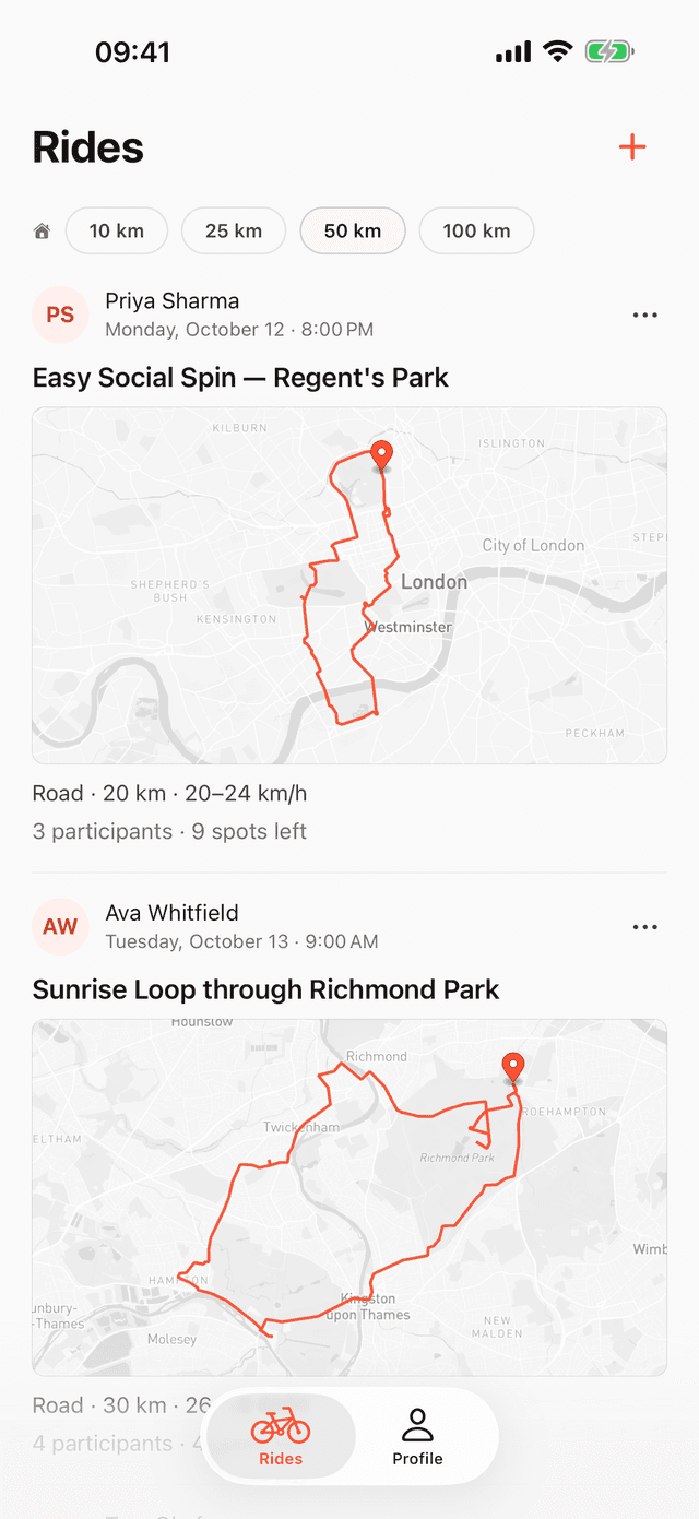 Draft app — group rides near you